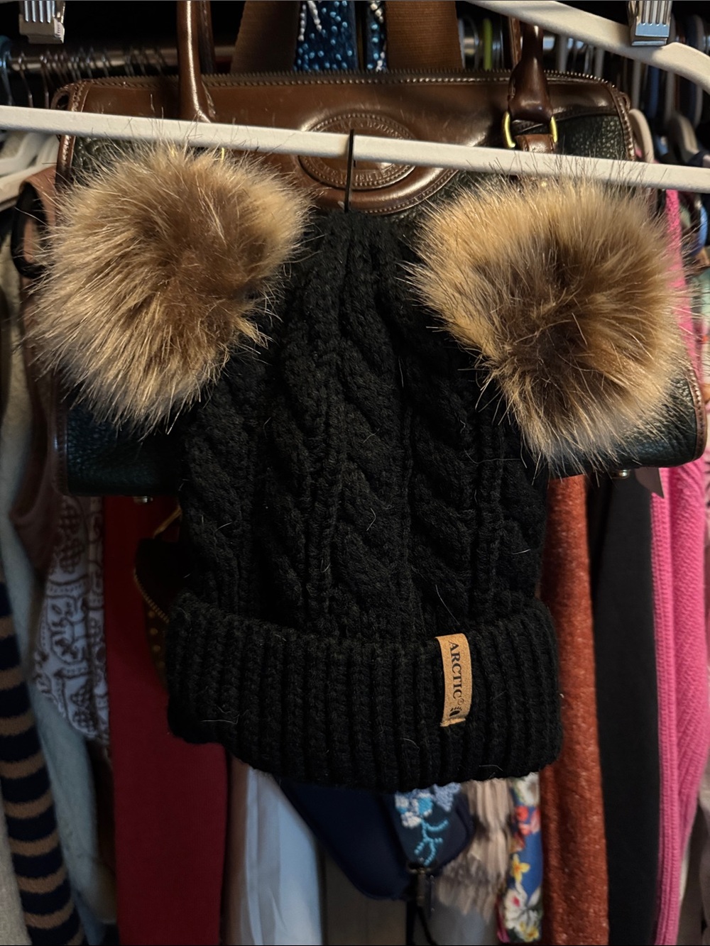 Black Cable Knit Beanie with Dual Brown Faux-Fur Pom Poms